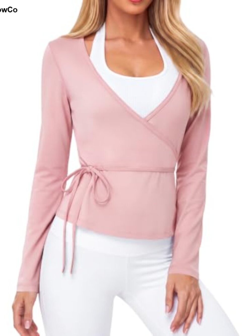 Womens Wrap Top Long Sleeve Deep V Neck Self Tie Workout Yoga Shirt